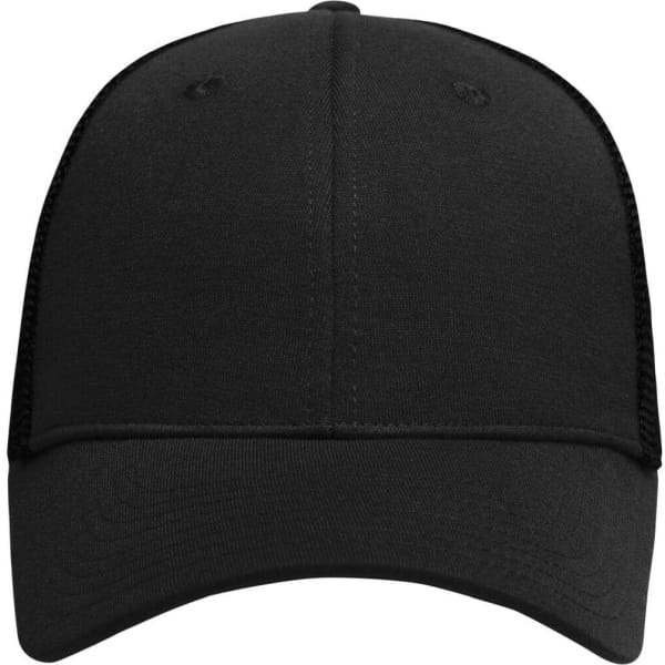 A black 6 panel elastic fit mesh cap featuring a solid front and mesh sides, suitable for casual wear.