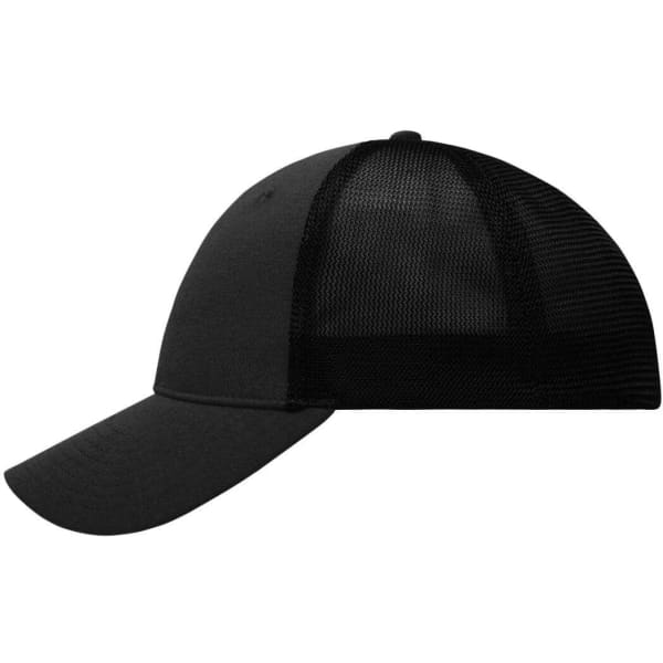 A black 6-panel elastic fit mesh cap featuring a solid front and mesh back. It includes a logo on the front.