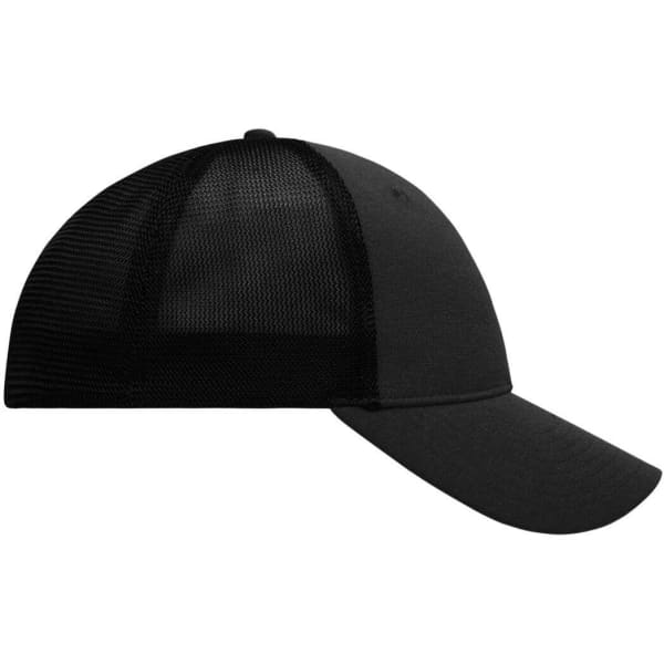 A black 6 panel elastic fit mesh cap with a curved brim and mesh back for ventilation.