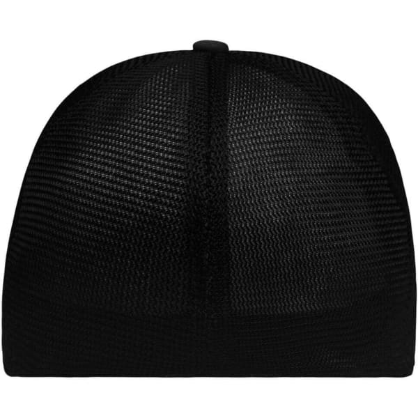 A black 6 panel elastic fit mesh cap featuring a rear mesh design and a logo on the side.