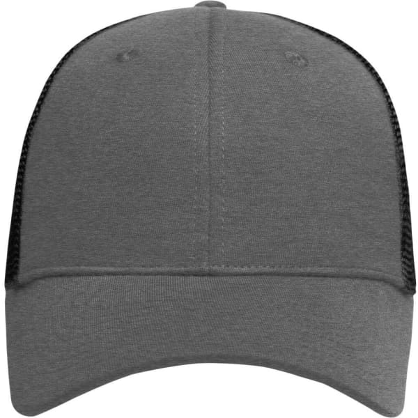 A grey 6 panel elastic fit mesh cap with a solid front and mesh sides. Features a logo.