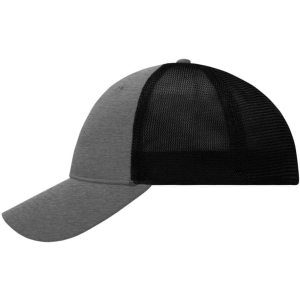 A grey and black six-panel elastic fit mesh cap featuring a rounded peak and mesh back.