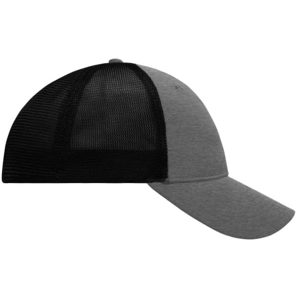 A grey and black 6 panel elastic fit mesh cap with a curved brim and a mesh back panel.