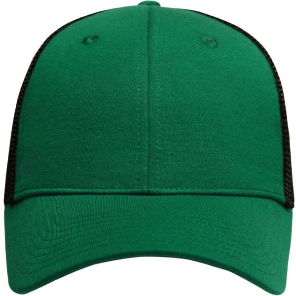A green 6 panel elastic fit mesh cap with a black mesh back and a curved brim. It features a logo on the front.