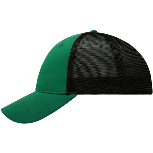 A green and black 6-panel elastic fit mesh cap featuring a curved brim and a mesh back.