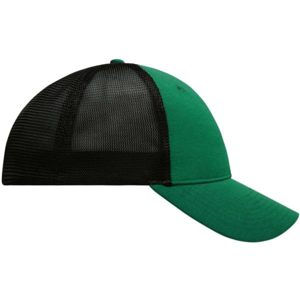 A green and black 6 panel elastic fit mesh cap with a curved brim and mesh back.
