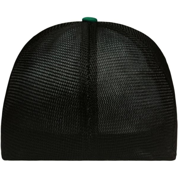A black mesh cap with a green button on top and an elastic fit design, featuring a logo.