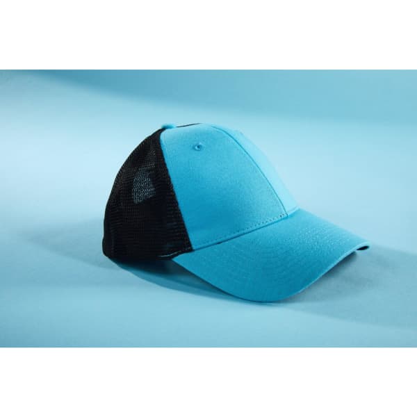 A blue and black 6 panel elastic fit mesh cap with a structured front and mesh back.