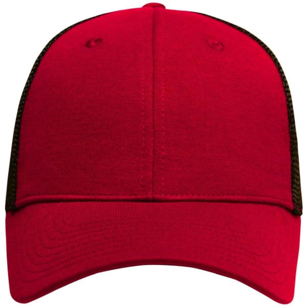 A red 6 panel elastic fit mesh cap with black mesh panels at the back and a rounded peak.