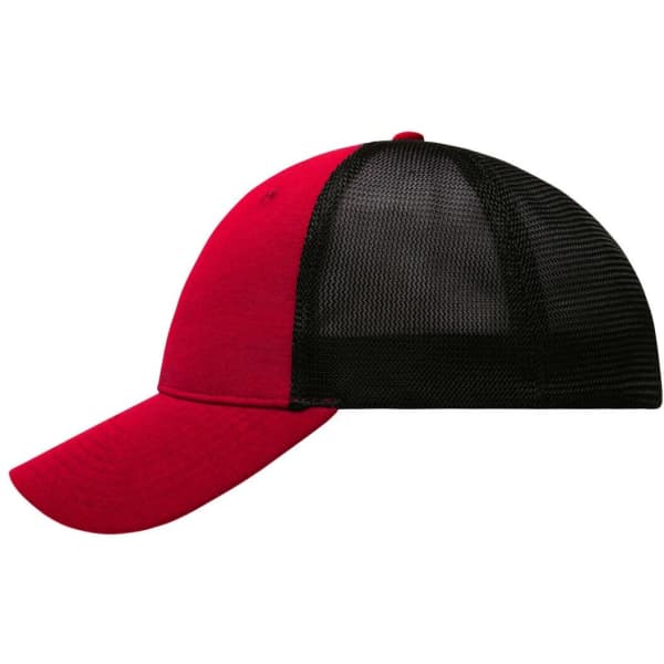 A red and black 6-panel elastic fit mesh cap featuring a curved brim and a mesh back panel.