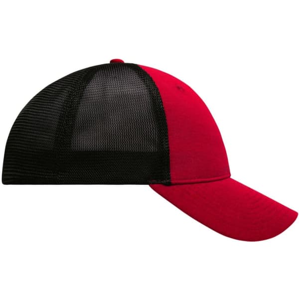 A red and black 6-panel elastic fit mesh cap featuring a mesh back and a curved brim.