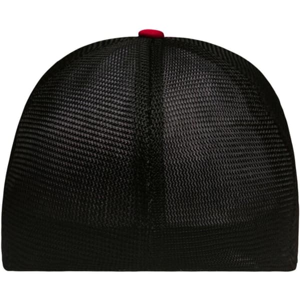 A black 6 panel elastic fit mesh cap with a red accent at the top and a logo on the back.