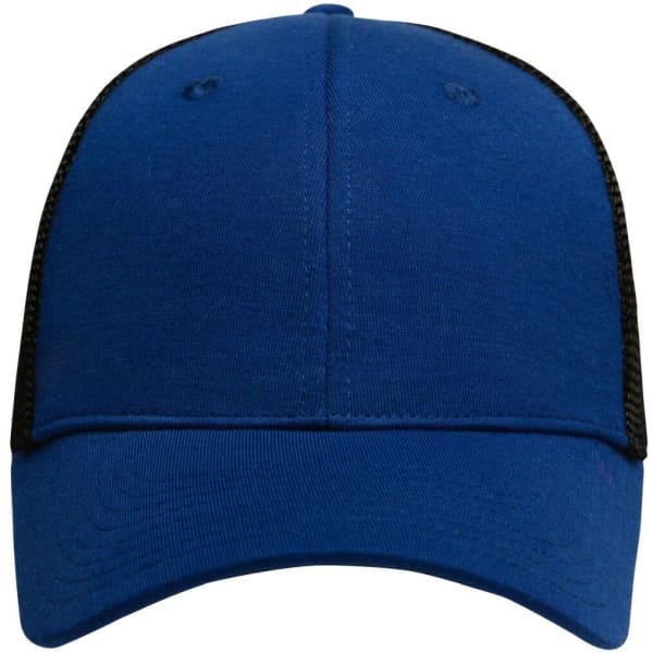 A blue 6 panel mesh cap with black mesh sides and back. It features a structured front for a fitted look.