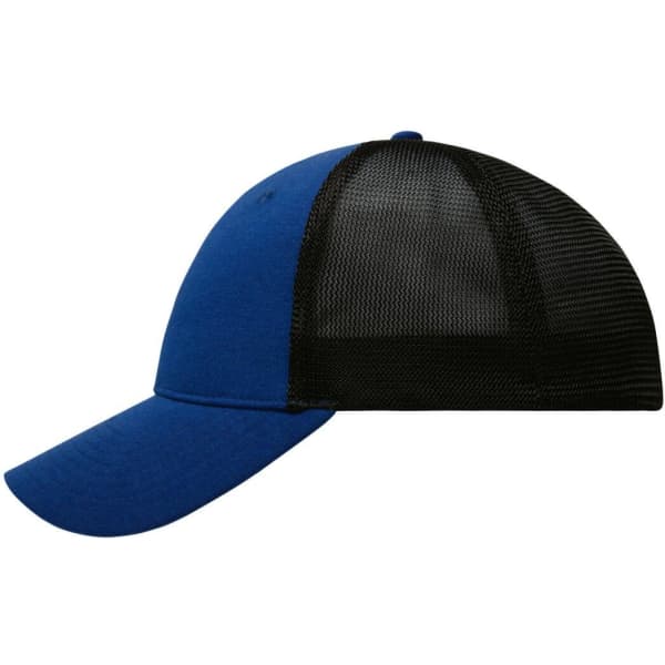 A blue and black 6 panel elastic fit mesh cap with a curved brim and a mesh back. Features a logo.
