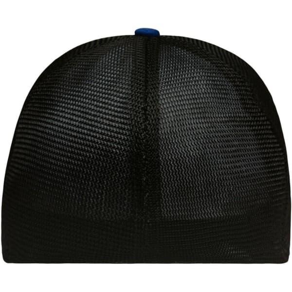 A black mesh cap with a blue top button, featuring a six-panel elastic fit design and a logo on the side.