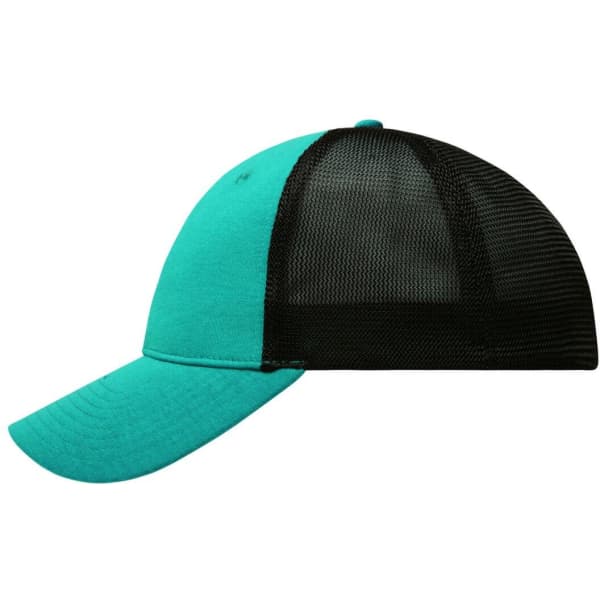 A turquoise 6-panel cap with a black mesh back and a curved brim, featuring a logo on the front.