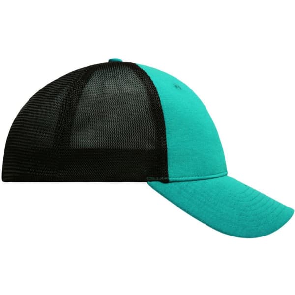 A turquoise and black 6 panel elastic fit mesh cap featuring a logo on the front.