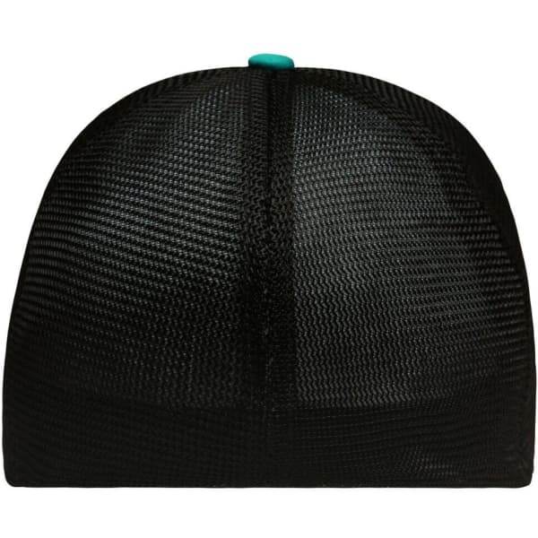 A black mesh cap with an elastic fit and a turquoise button on top. It features a logo.