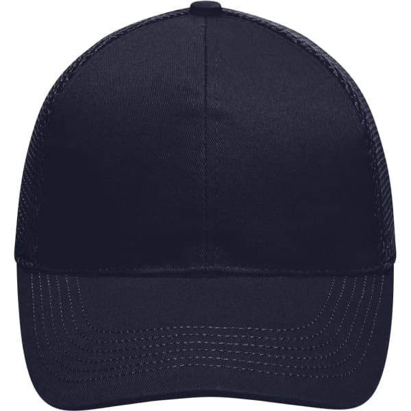 A 6-panel air mesh cap in navy blue with a structured front and mesh sides for ventilation. Features a logo.