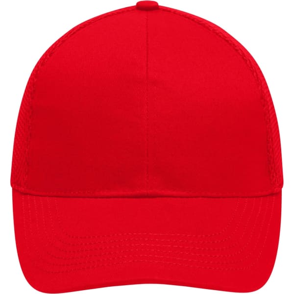 A bright red 6 panel air mesh cap with a curved brim and mesh sides. The cap features a logo on the front.