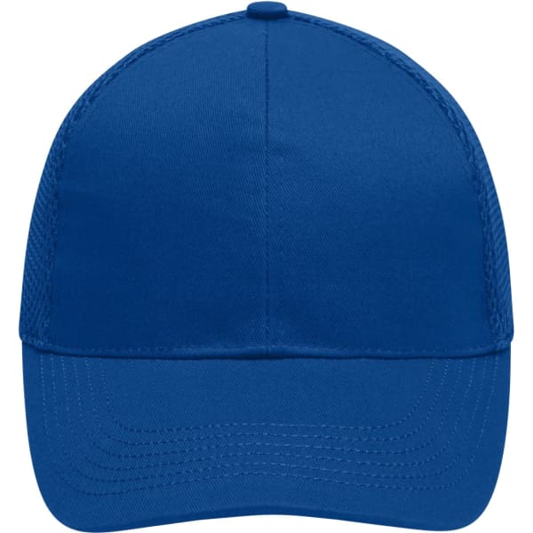 A blue 6 panel air mesh cap featuring a curved brim and a logo on the front.