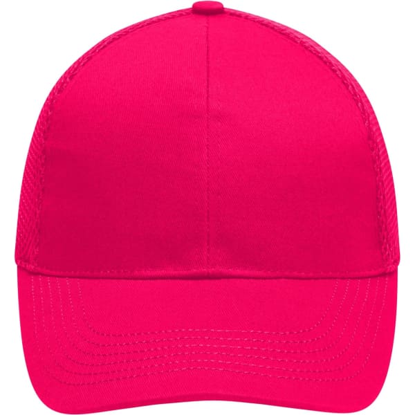 A bright pink 6 panel air mesh cap with a structured front and curved brim, featuring a logo on the front.