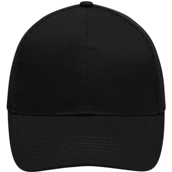 A black 6 panel air mesh cap with a rounded crown and a curved brim, featuring a logo on the front.