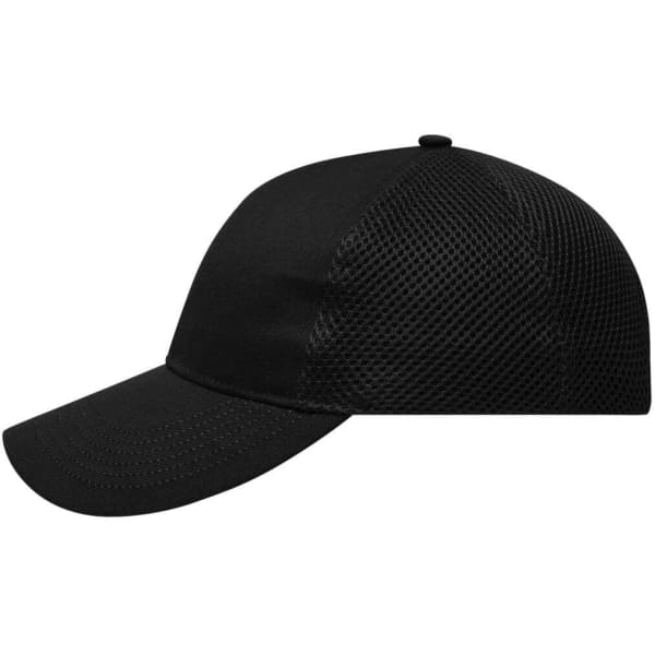 A black 6 panel air mesh cap featuring a curved brim and breathable mesh sides, with a logo on the front.