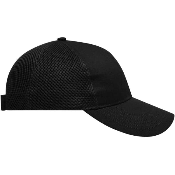 A black 6 panel air mesh cap featuring a structured design and a ventilation mesh back. It includes a logo.