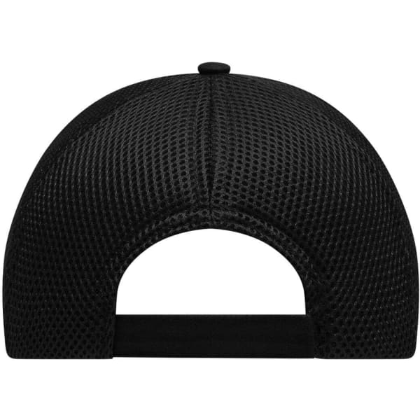 A black 6-panel air mesh cap with a breathable design and a curved peak. Features a logo on the back.