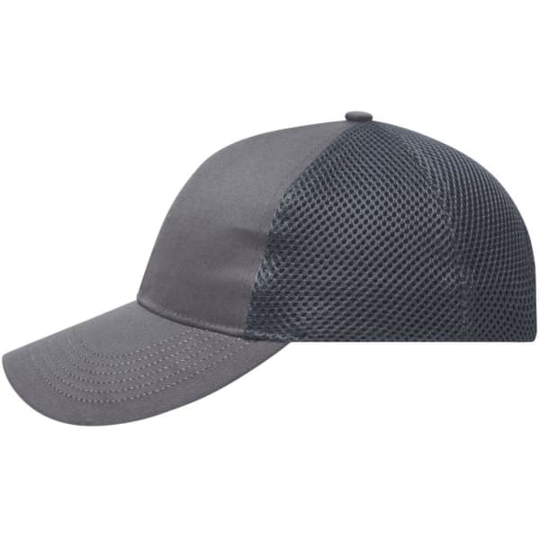 A grey 6 panel air mesh cap with a solid front and breathable mesh side panels. It features a logo.