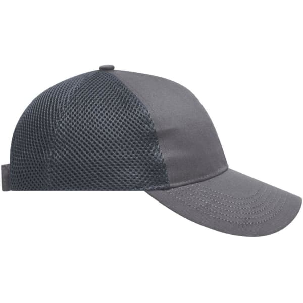 A grey 6 panel cap featuring air mesh sides and a curved brim, with a logo on the front.