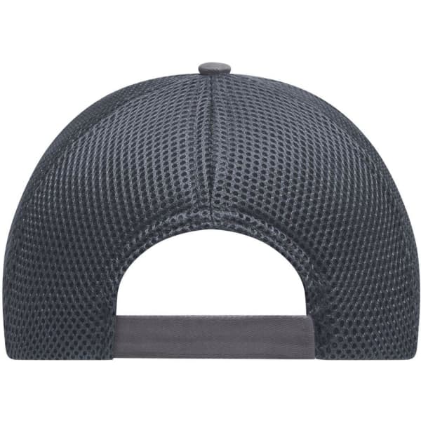 A grey 6 panel air mesh cap featuring a breathable mesh design and adjustable strap at the back.