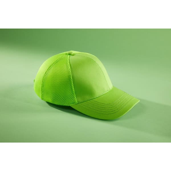 A bright lime green 6 panel air mesh cap with a curved brim, featuring mesh side panels and a logo.
