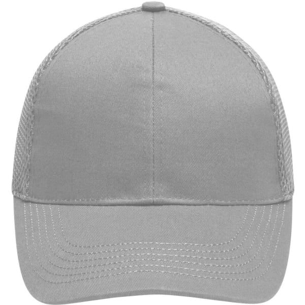 A grey 6 panel air mesh cap featuring a solid front and mesh sides, with a logo on the front.