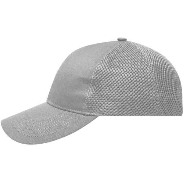 A grey six-panel air mesh cap featuring a breathable mesh design and a curved brim. It has a logo on the front.
