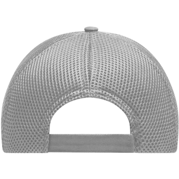 A grey six-panel air mesh cap featuring a ventilated design and an adjustable back strap.