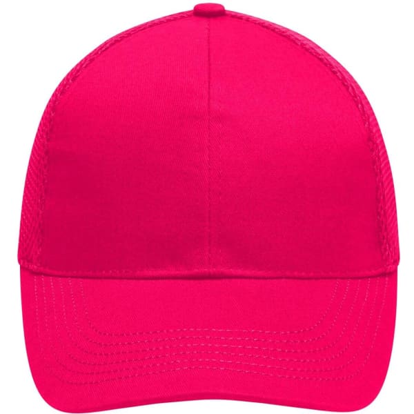 A bright pink 6 panel air mesh cap with a solid design and a branding logo on the front.