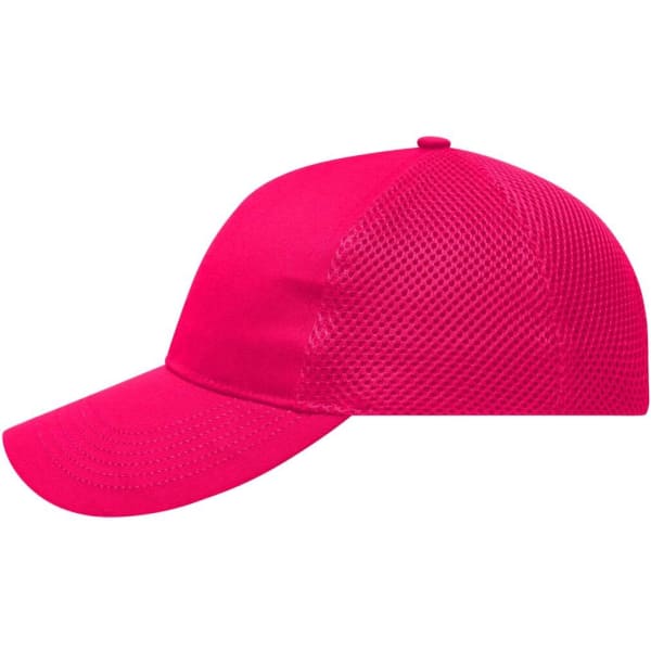 A pink 6-panel air mesh cap with a curved peak and a breathable mesh side for ventilation. It features a logo.