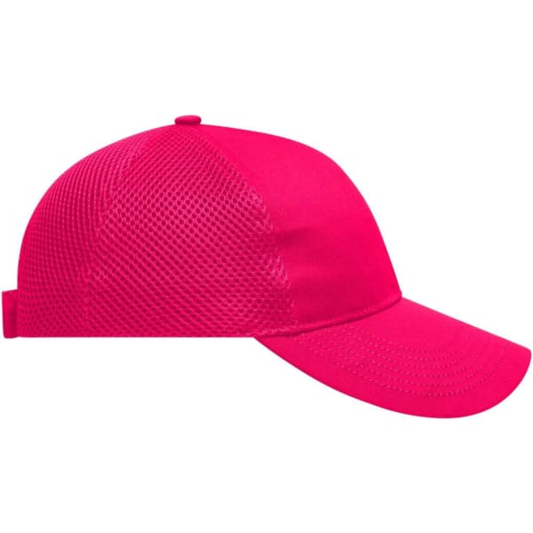 A bright pink 6 panel air mesh cap featuring a curved peak and breathable mesh sides. It has a logo on the front.