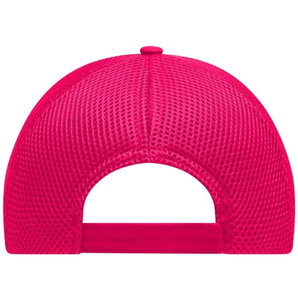 A bright pink 6 Panel Air Mesh Cap with a mesh texture and an adjustable back. It features a logo.