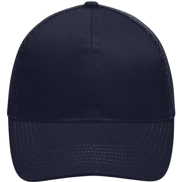 A navy six-panel air mesh cap with a curved brim and a logo on the front.
