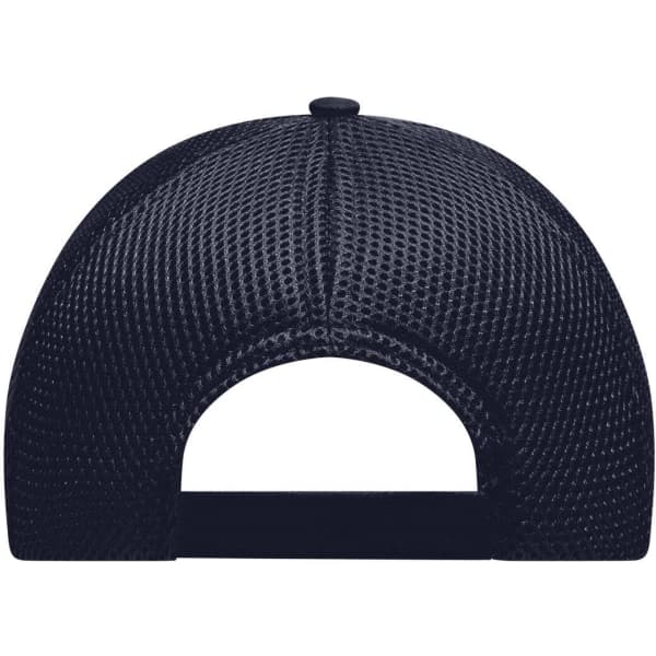 A navy blue 6 panel air mesh cap featuring a breathable mesh design and a branded logo.
