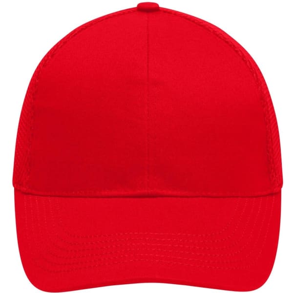 A red 6 panel air mesh cap featuring a solid design and a front peak. It includes a branding logo.