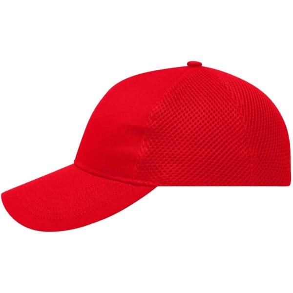 A red six-panel air mesh cap with a solid front and mesh sides. Features a rounded peak and a logo.