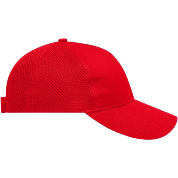 A red 6 panel air mesh cap with a curved brim and a mesh back. It features a logo on the side.