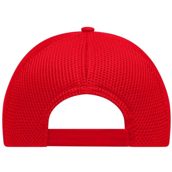A red 6-panel air mesh cap with a textured back and adjustable strap. It features a logo on the side.