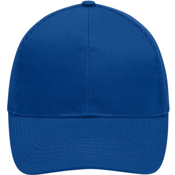 A blue 6 Panel Air Mesh Cap with a solid front and textured mesh panels on the sides and back.