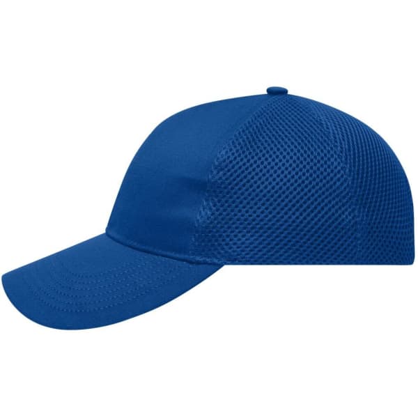 A blue 6 panel air mesh cap with a curved brim and a textured mesh back. It features a logo on the front.