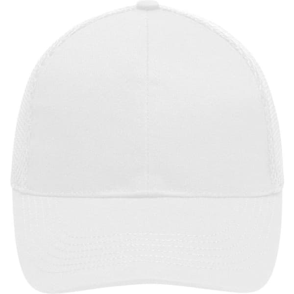 A white 6 panel air mesh cap with a curved brim and a mesh back, featuring a logo.